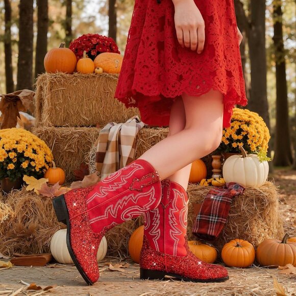 Unisex Child Red Mid Calf Glitter Toddler Cowboy Boot Little Big Kids Western - Picture 2 of 8